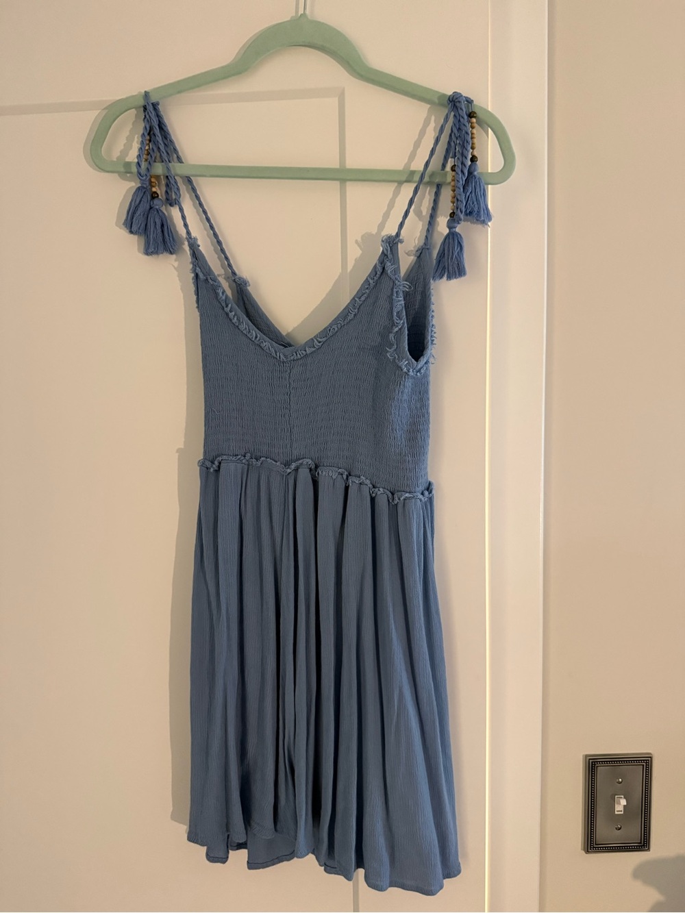 Ocean Drive Smocked Blue mini dress with tassels and beaded straps (S)